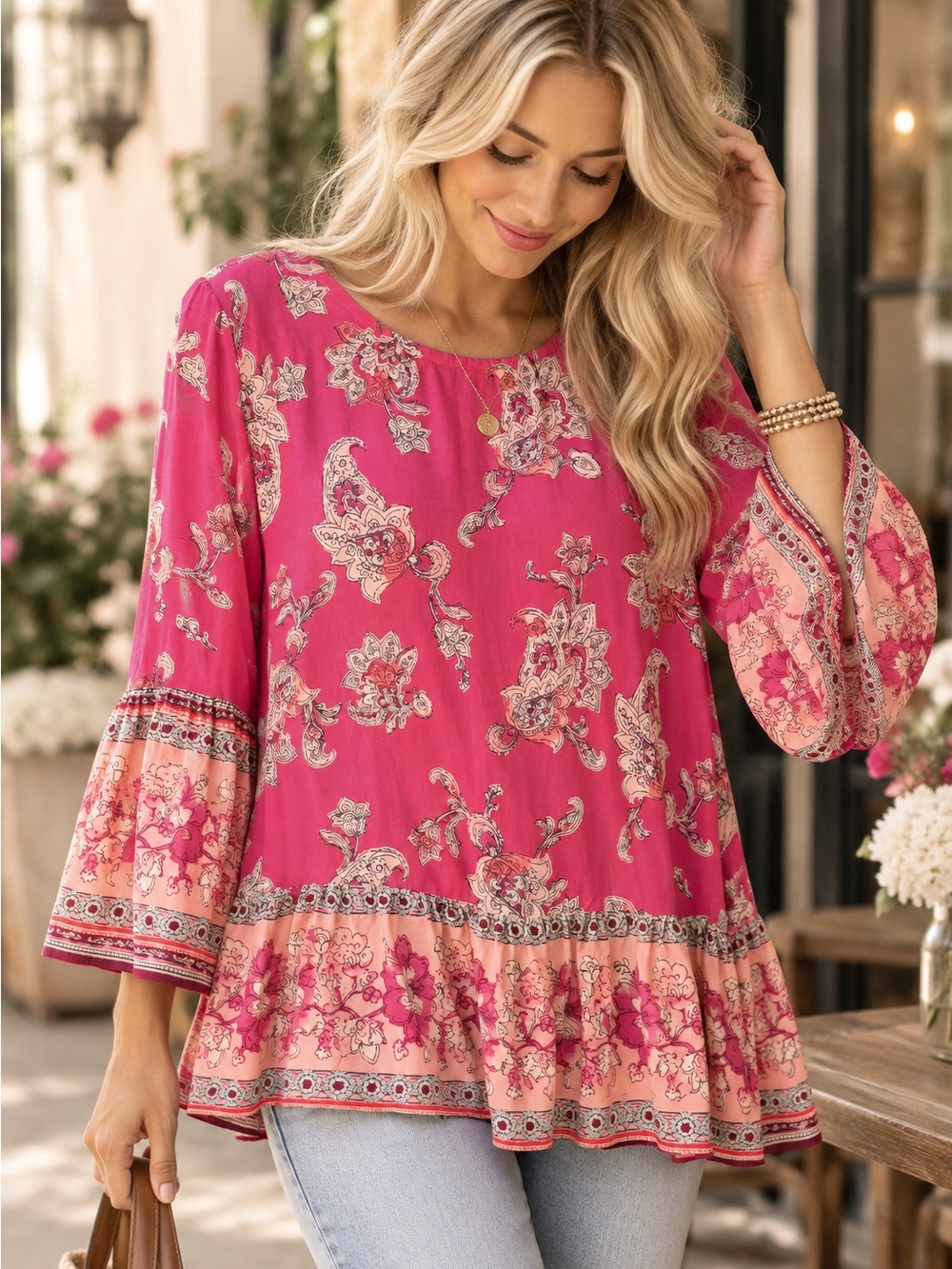 Beach Lunch Lounge Collection Floral Paisley Tunic Blouse Ruffle Bell Sleeves
